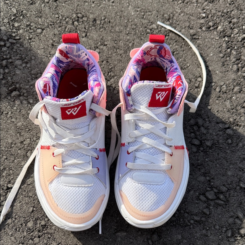 Jordan White, Pink, & Red High-Top Sneakers